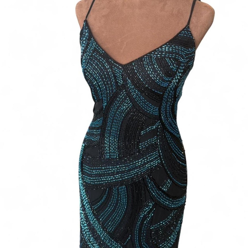 Vintage Y2K Avanti Designs Black & Blue Beaded Art Deco Evening Gown Size 4 - Picture 3 of 7